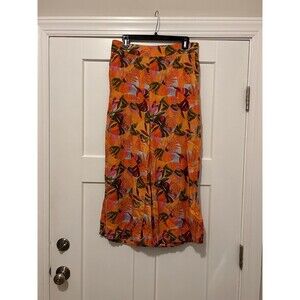 Women Linen Pants Wide Leg Orange Tropical Multi Color C&C California Size Large